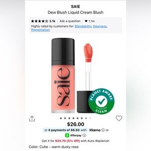Saie Dew Blush Liquid Cream Blush - CUTIE